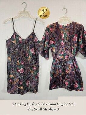 Vintage California Miss Satin Lingerie Set Size Small 2pc Slip Dress & Robe Pais